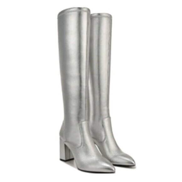 Franco Sarto Womens Katherine Knee High Heeled Boots Silver Metallic Stretch 10 - Picture 1 of 5